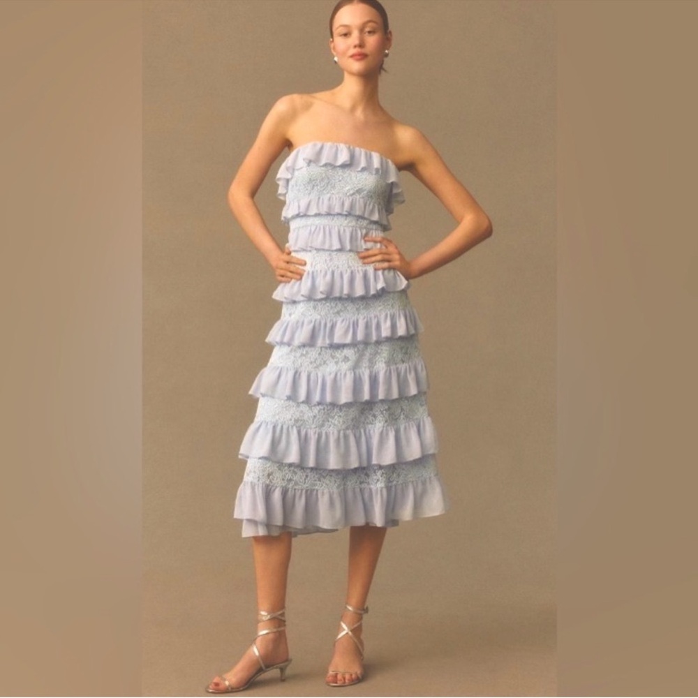 BHLDN Strapless Tiered Chiffon Lace Midi Dress in Light Blue Size Medium